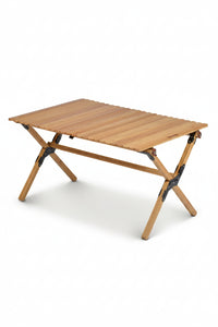Wooden folding table on a beige background